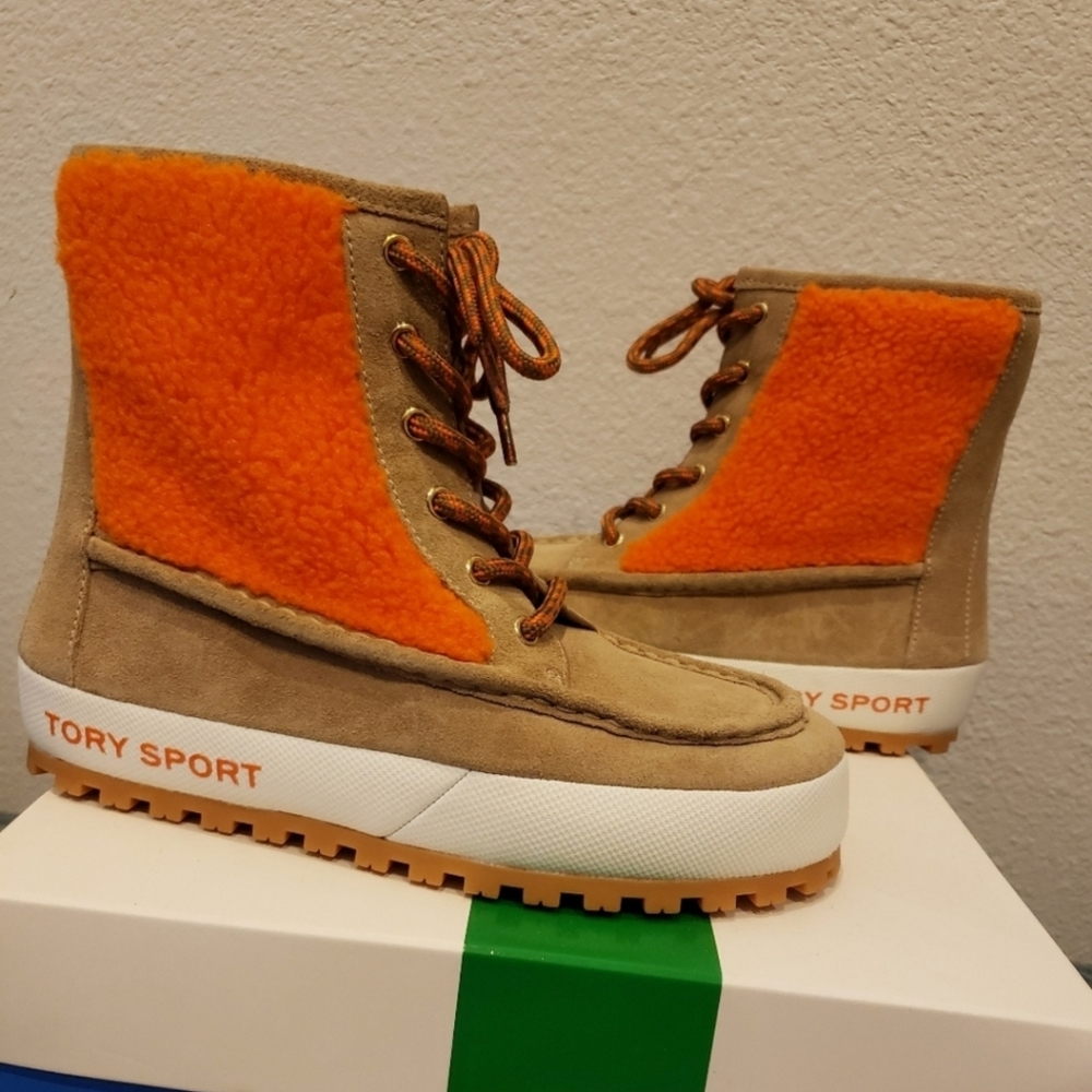 Tory Burch Tory Sport Designer Orange and Tan Fleece Sherpa Moccasin Boots 7.5 M